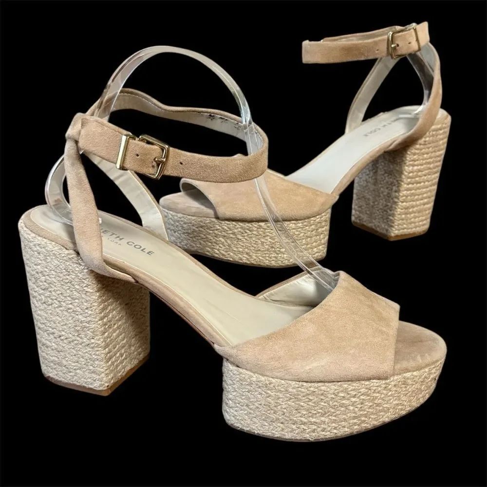 Kenneth Cole Women's Phoenix High Block Heel Platform Sandals Beige Size 10